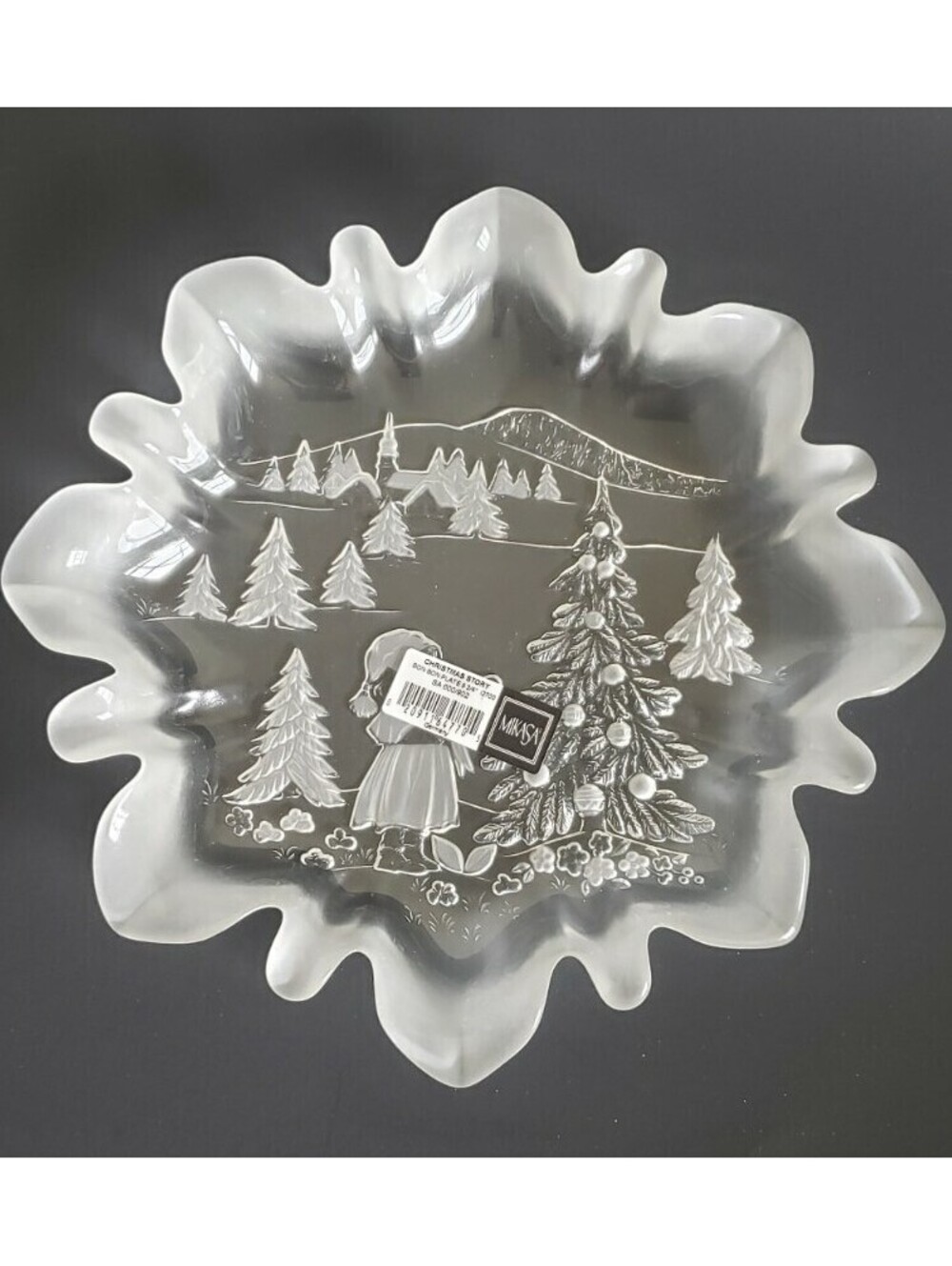 Glass Christmas Dish Story 9 3/4 Bon Bon Candy Frosted Plate Germany MIKASA